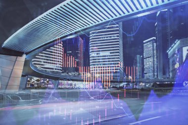 Yüksek binaların arka planında çoklu pozlama olan eski şehir haritası. Finansal araştırma kavramı.