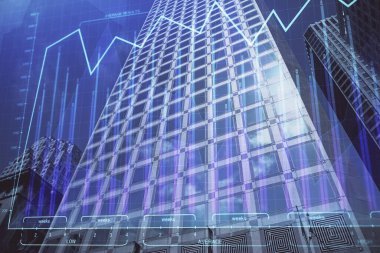 Yüksek binaların arka planında çoklu pozlama olan eski şehir haritası. Finansal araştırma kavramı.