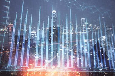 Cityscape arka plan üzerinde forex grafik çizimleri çift pozlama. Başarı kavramı.