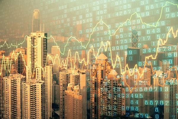 Forex Chart Városkép Felhőkarcolók Tapéta Dupla Expozíció Pénzügyi Kutatási Koncepció — Stock Fotó