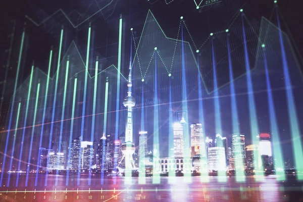 Finanzgrafik Über Nacht Stadtbild Mit Hohen Gebäuden Hintergrund Multi Exposition — Stockfoto