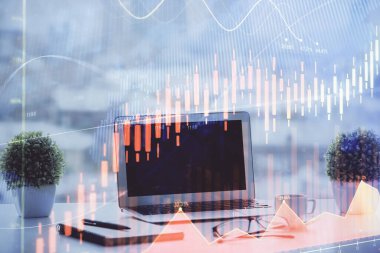 Bilgisayar geçmişi olan eski grafik hologramı. Çoklu maruz kalma. Finans piyasası kavramı.