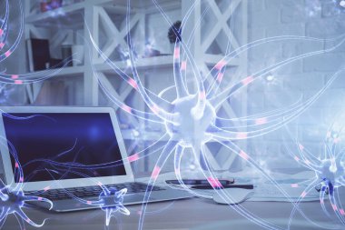 Masaüstü bilgisayar arkaplanı ve nöron çizimi. Çifte maruziyet. Eğitim kavramı.