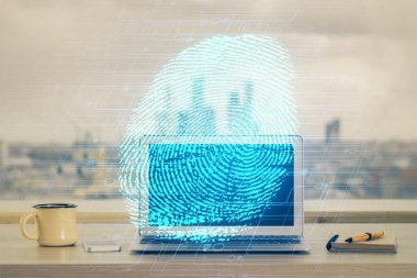 Ofisteki bilgisayarın parmak izi çizimi. Çifte maruziyet. İş veri güvenliği kavramı.