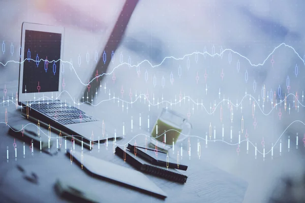 Börsendiagramm Und Tabelle Mit Computerhintergrund Doppelbelichtung Konzept Der Finanzanalyse — Stockfoto