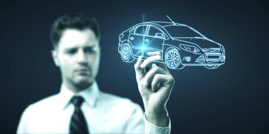 Mavi arka planda kalem çizim arabası olan bir iş adamı. İş ve yaratılış kavramı. Model