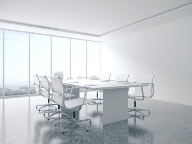 Modern toplantı odasının içi boş duvar, mobilya ve ekipmanlarla dolu. 3d Hazırlama