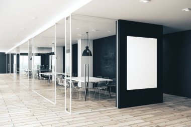 Ofisin içini boş afişlerle doldurmak. Reklam konsepti. Model 3d Hazırlama