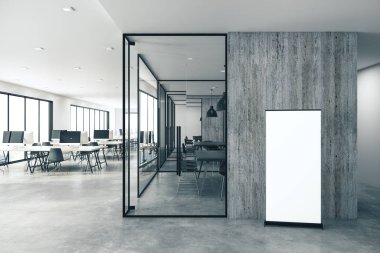 Modern ofis iç boş posteri ile coworking. Reklam kavramı. Alay etmek yukarıya, 3d render