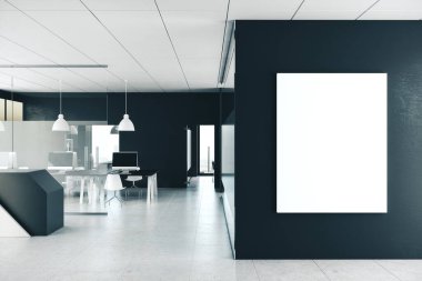 Çağdaş ofis içi, duvarında boş poster ve tekrarlama var. Model 3d Hazırlama