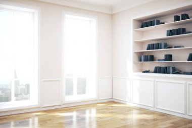 Modern beyaz kütüphanenin içinde güneş ışığı var. Dekorasyon ve desing konsepti. 3d Hazırlama