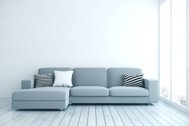 Kanepenin içi boş beton duvarlı ve şehir manzaralı modern oturma odası. Model 3d Hazırlama
