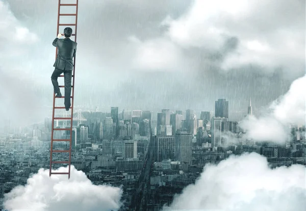 Businessman climbing on ladder on modern city background. Business and success concept.