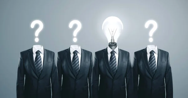Businesspeople Lightbulb Question Marks Instead Head Business Solution Success Concept — Stock Photo, Image