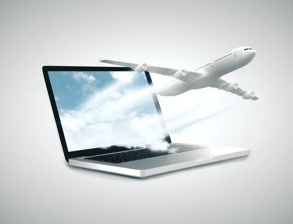 Laptop Com Avião Fundo Cinza Conceito Tecnologia Viagens Renderização — Fotografia de Stock