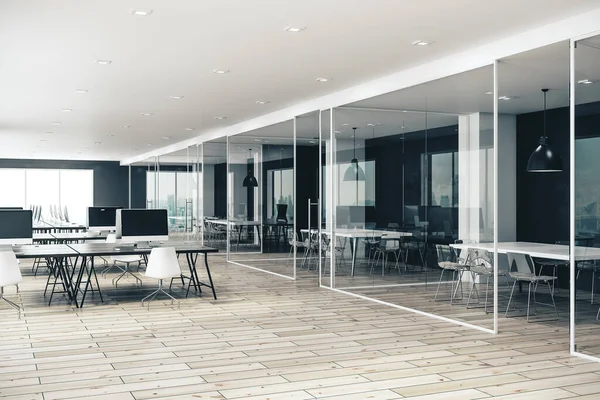 现代协同玻璃办公室内部 工作场所和公司概念 3D渲染 — 图库照片