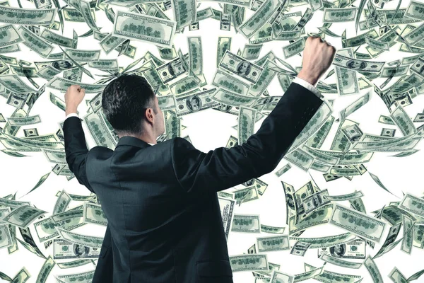 Successful Businessman Falling Dollar Bills Business Financial Success Concept — Stock Photo, Image