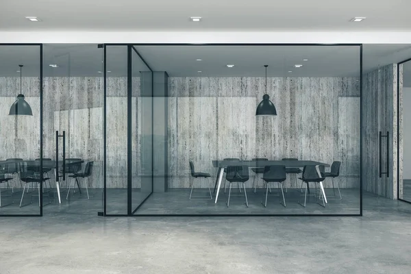 新的合作玻璃办公室内部 工作场所和生活方式的概念 3D渲染 — 图库照片