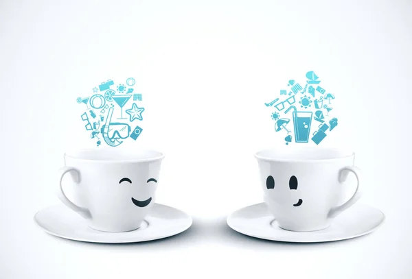 Two coffee cup smiling with color speech bubbles. Global business and social media concept, 3D Rendering