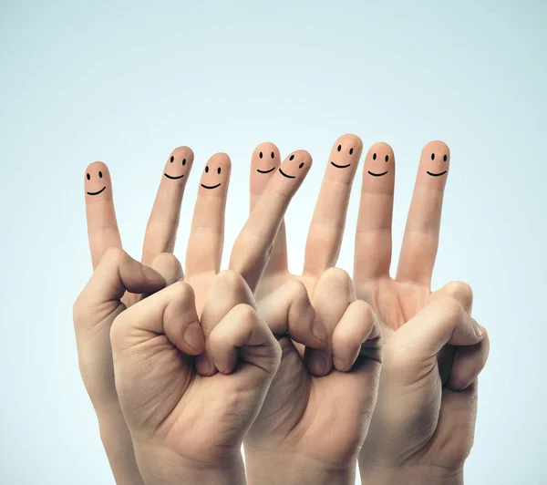 Grupo Emoticonos Dedos Aislados Sobre Fondo Azul Clos Arriba — Foto de Stock