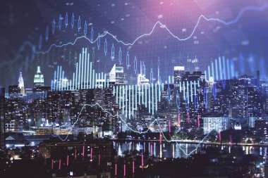 Cityscape arka plan üzerinde forex grafik çizimleri çift pozlama. Başarı kavramı.