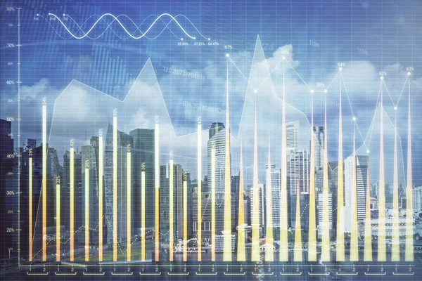 具有摩天大楼壁纸多曝光的城市景观的外汇图表 金融研究概念 — 图库照片