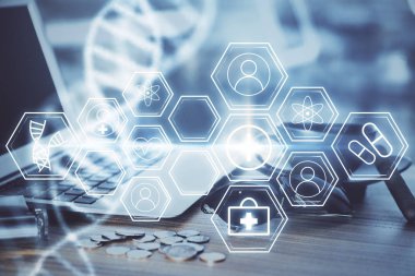 Masaüstü bilgisayar arkaplanı ve DNA çizimi. Çifte maruziyet. Bilim konsepti.