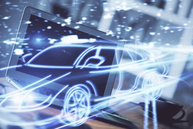 Otomobil hologramı çizimi olan masaüstü bilgisayar arkaplanı. Çoklu maruz kalma. Teknoloji kavramı.