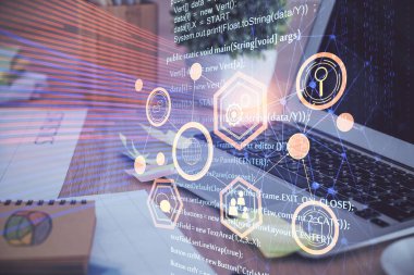 Teknoloji temalı çizim ve bilgisayarlı masa. Çifte maruziyet. Bilgi kavramı.