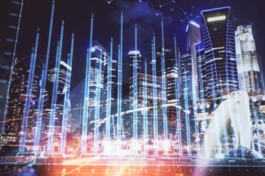 Yüksek binalar arka plan çok pozlama ile şehir scape mali grafik. Analiz kavramı.