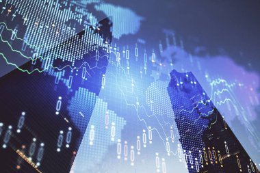 Yüksek binaların arka planında çoklu pozlama olan eski şehir haritası. Finansal araştırma kavramı.