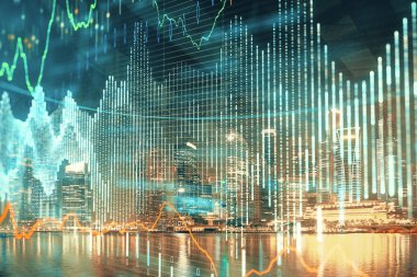 Yüksek binalar arka plan çok pozlama ile şehir scape mali grafik. Analiz kavramı.