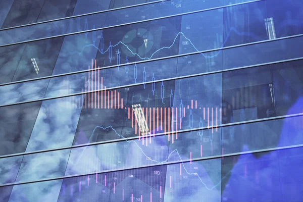 Devisendiagramm Auf Stadtbild Mit Hohen Gebäuden Hintergrund Multi Exposure Finanzielles — Stockfoto