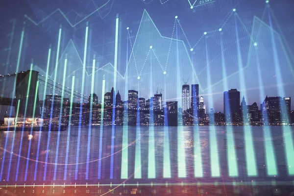 Financial graph on night city scape with tall buildings background double exposure. Analysis concept.