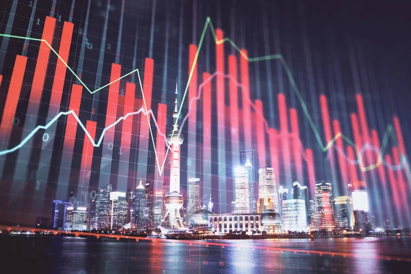 Financial graph on night city scape with tall buildings background multi exposure. Analysis concept.