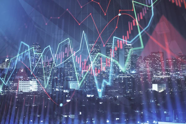 Gráfico Financiero Sobre Paisaje Nocturno Ciudad Con Edificios Altos Fondo —  Fotos de Stock
