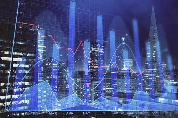 Yüksek binalar arka plan çok pozlama ile gece şehir scape mali grafik. Analiz kavramı.