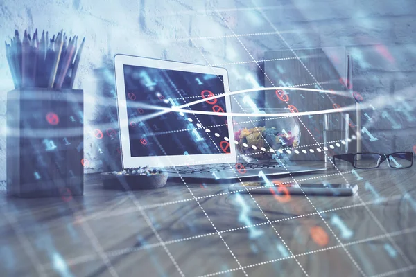 Multi exposure of graph and financial info and work space with computer background. Concept of international online trading.