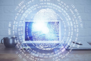 Ofisteki bilgisayarın parmak izi çizimi. Çifte maruziyet. İş veri güvenliği kavramı.