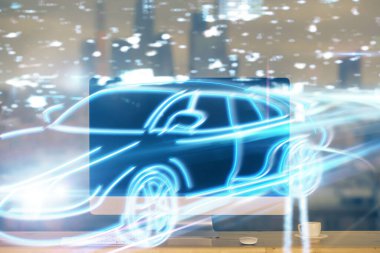 Otomobil hologramı çizimi olan masaüstü bilgisayar arkaplanı. Çoklu maruz kalma. Teknoloji kavramı.