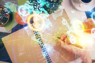 Forex grafik hologram el notları arka plan alarak. Analiz kavramı. Çift Pozlama