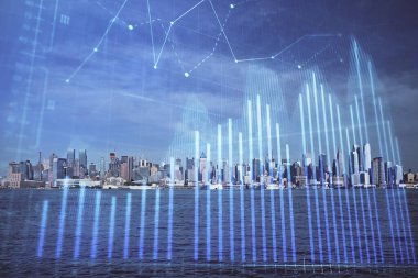 Gökdelenler arka planda çift pozlama ile şehir görünümünde eski grafik. Mali analiz kavramı.