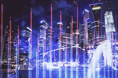 Yüksek binalar arka plan çok pozlama ile şehir scape mali grafik. Analiz kavramı.