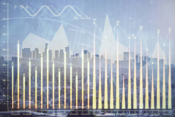 Devisendiagramm Auf Stadtbild Mit Wolkenkratzern Tapete Multi Exposure Finanzielles Forschungskonzept — Stockfoto
