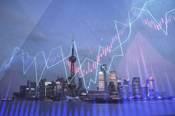 Forex chart on cityscape with tall buildings background multi exposure. Financial research concept.