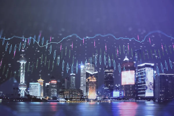 Financial graph on night city scape with tall buildings background double exposure. Analysis concept.