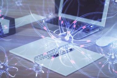 Masaüstü bilgisayar arkaplanı ve nöron çizimi. Çifte maruziyet. Eğitim kavramı.