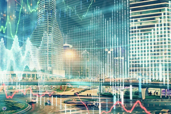 Finansiella Diagram Stadsbilden Med Höga Byggnader Bakgrund Multi Exponering Analys — Stockfoto