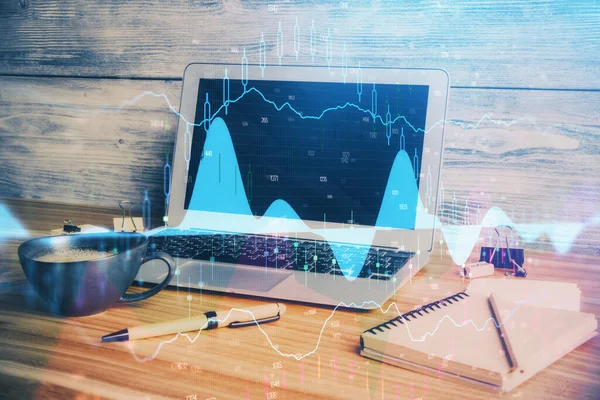 グラフと財務情報の二重露光とコンピュータの背景と作業スペース 国際オンライン取引の概念 — ストック写真