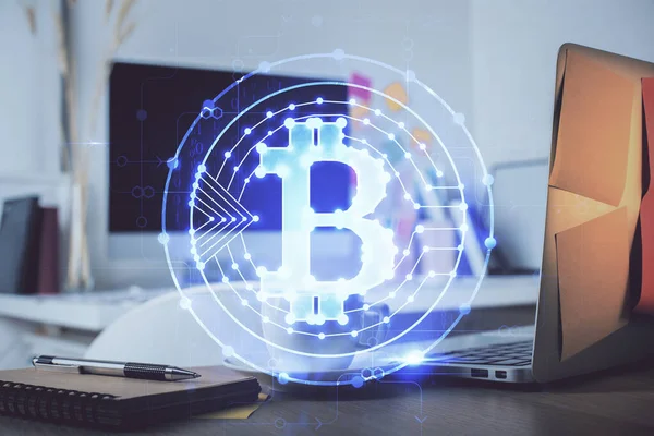 Multi Exposure Blockchain Crypto Economy Theme Hologram Table Computer Background — Stock Photo, Image